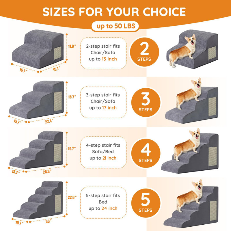 Marches pour chiens, escaliers pour petits chiens, 4 marches (H 19,7 po x l 15,7 po x P 28,3 po), Gris