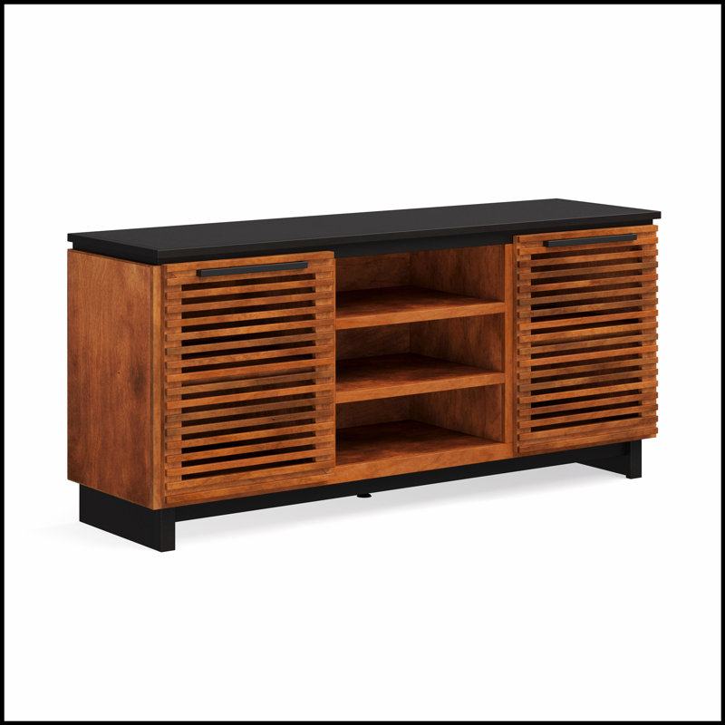 Meuble télé 63 po avec finition bourbon, aucun assemblage requis, pour téléviseurs de 70 po ou moins, parfait pour les espaces de divertissement modernes