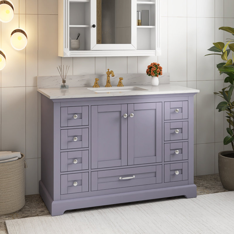 Ensemble de meuble-lavabo mural 48 po avec plateau en bois massif, Gris foncé