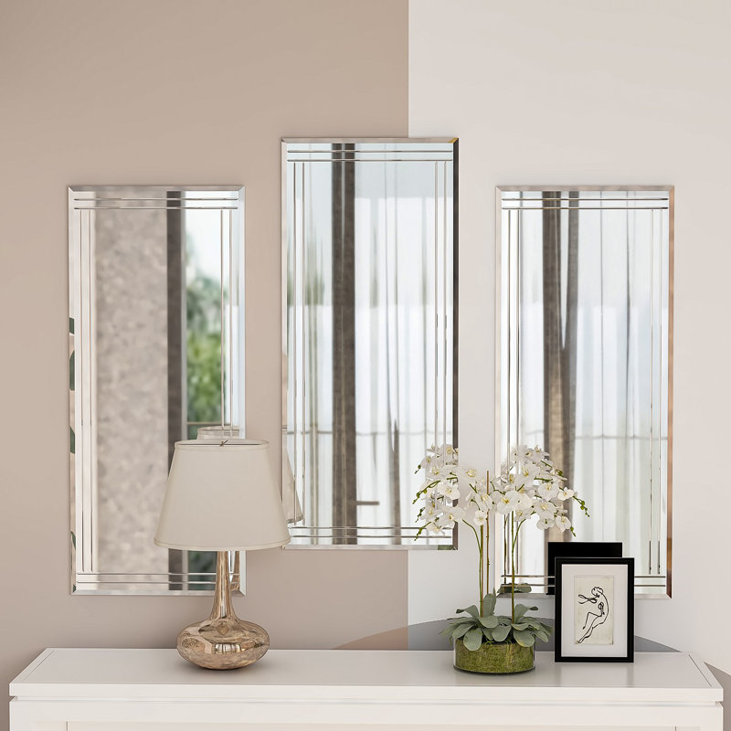 Ensemble de miroir décoratif élégant (3 pièces), couleur argent, 11,8 x 27,6 x 0,9 pouces | 100% panneau de fibres à densité moyenne, verre écologique Fllot-E | Design mural moderne pour le salon, la chambre à coucher et le vestibule