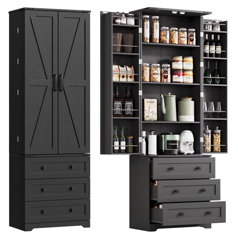 72" Black Tall Kitchen Pantry Cabinet Wood Freestanding Storage Cabinet with 2 Doors & 3 Drawers & Adjustable Shelves Utility Cupboard for Kitchen Dining Room Living Room