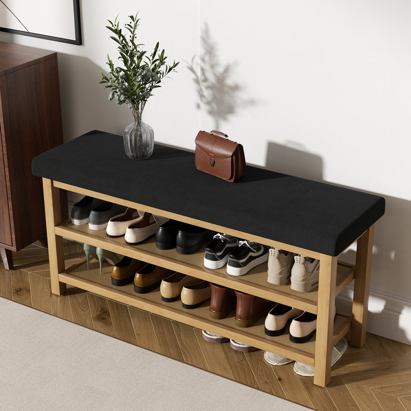 Elegant Rubberwood Frame Shoe Storage Bench, Black