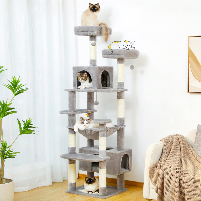 Arbre à chat en peluche 72 po, Gris, H 72,4 po x l 16,9 po x L 20,9 po