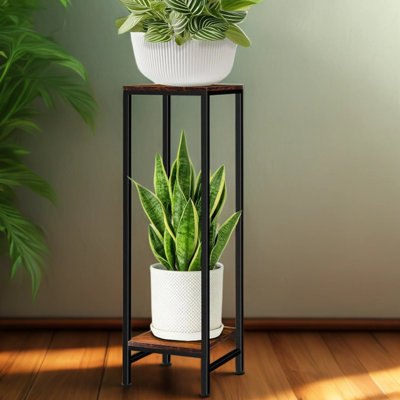 Support pour plante robuste à 2 niveaux pour l'intérieur et l'extérieur, support moderne en métal et en bois avec pieds réglables pour le salon, le balcon ou le jardin