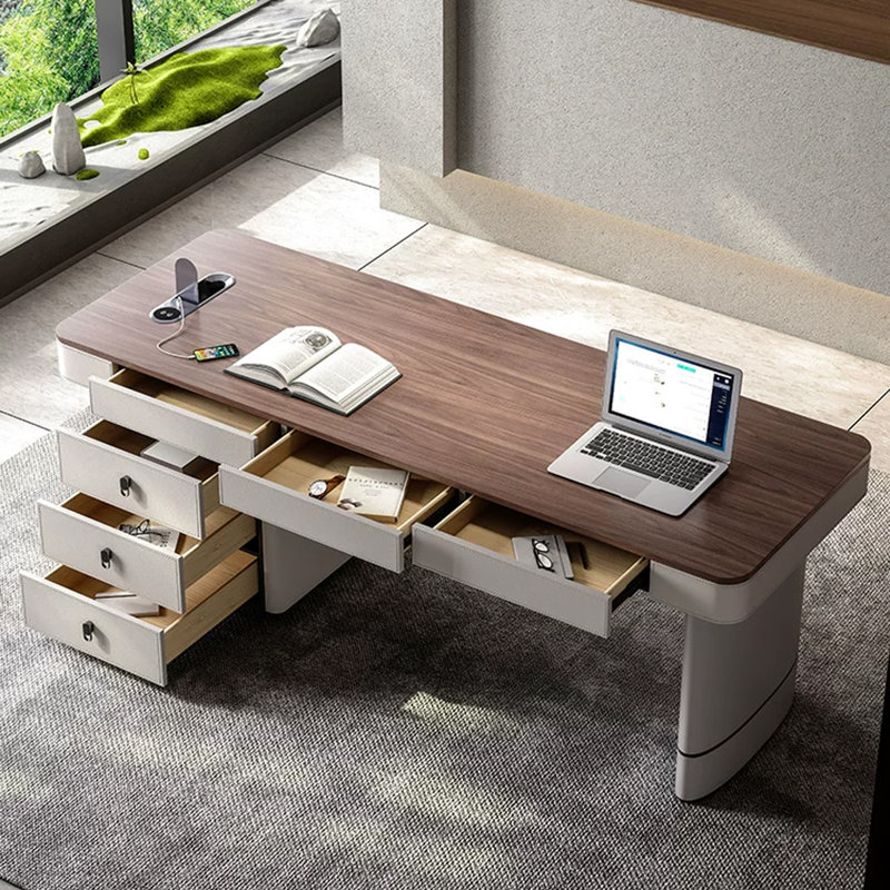Bureau rectangulaire à 6 tiroirs en bois manufacturé brun noisette + blanc beige, Retour à gauche