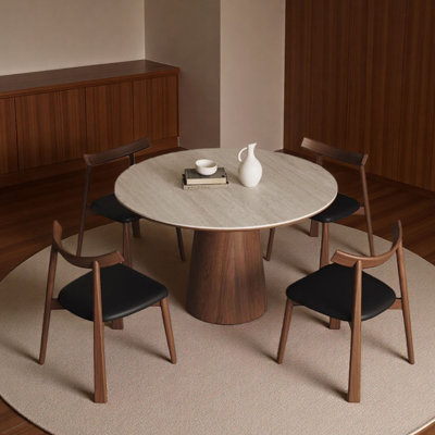 Vintage Round Rock-Slab & Wood Dining Table Set
