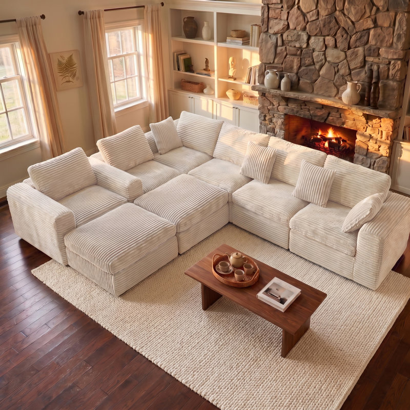 Canapé modulaire réversible en velours côtelé de 138,2 po de largeur 138,2 po, 8 pièces, canapé modulaire rembourré 8 pièces avec console et 2 repose-pieds, sans compression, sans assemblage requis