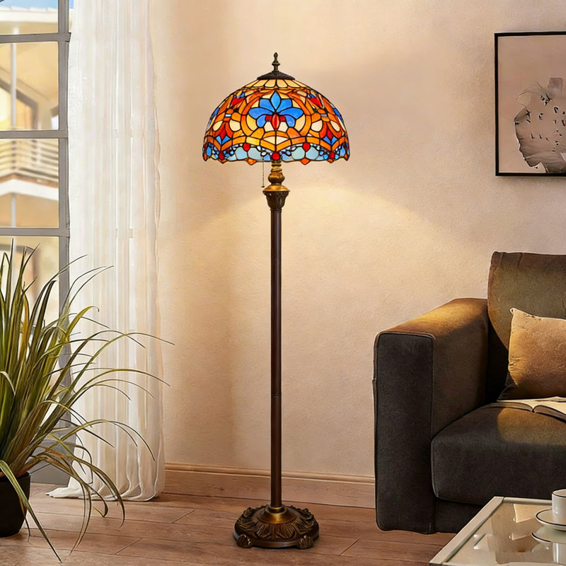 64"H Tiffany Style Floor Lamp with Stained Glass Shade and Resin Base, Blue Heart Beads