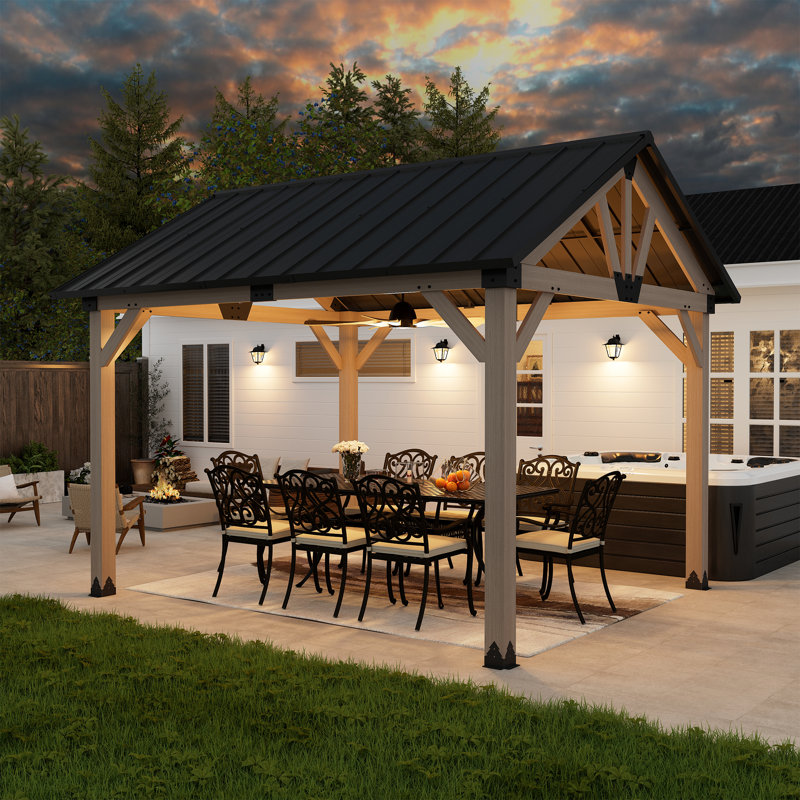 Patio Cedar Framed Wooden Steel Hardtop Gable Roof Gazebo, 116" H x 168" W x 144" D