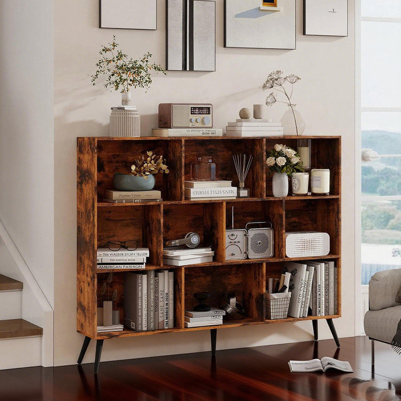 10 Cubes Bookshelf, Wooden 3-Tier Open Shelf Bookcas Book Shelf Storage Organizer with 5 Iron Legs for Home Office, Living Room, Bedroom