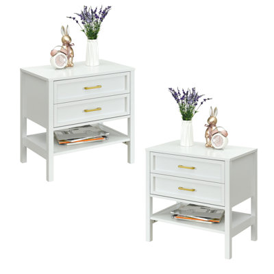 Ensemble de table de chevet en bois à 2 tiroirs Elora, tables de chevet avec tiroirs de rangement, tables de chevet compactes en bois pour chambre à coucher, table de bout ou table d'appoint pour le salon, P 15,5 po x l 23,6 po x H 24,2 po, blanc