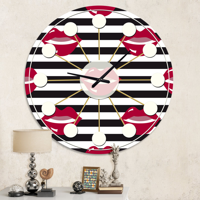 Red Lips Fashion Pattern - Mid-Century Modern wall clock, Medium