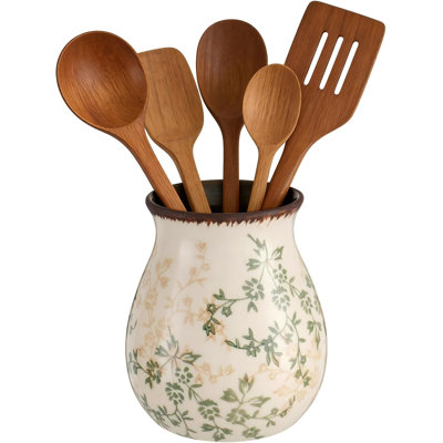Rustic Ceramic Utensil Holder For Kitchen Counter Farmhouse Cooking Utensil Crock Vintage Kitchen Utensil Organizer Spatula Spoon Holder For Countertop Kitchen Decor (Green)