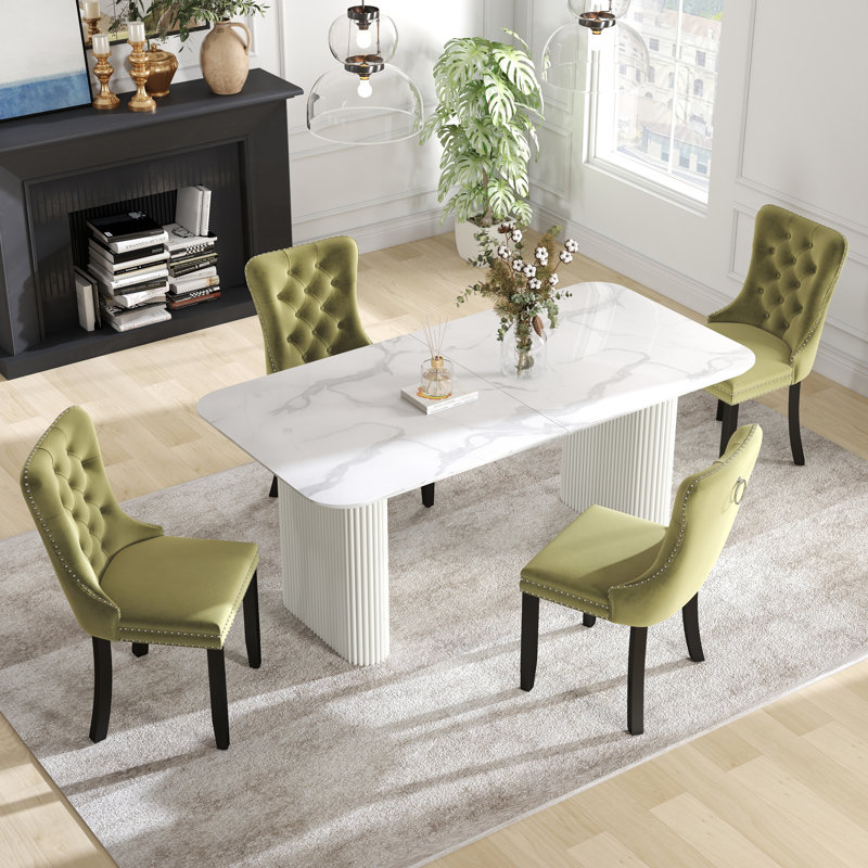 Rectangle Double Pedestal Dining Set with Cream Style Dining Table, 5, Olive Green