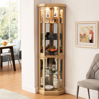 Oak Curio Holder Unit - Elegant Display With Adjustable Shelves And Illumination Storage Cabinet Exquisite Design Mirrored Back