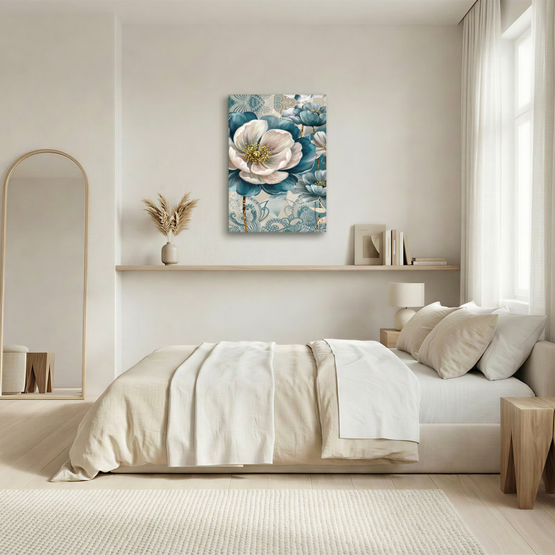 Tableau sur toile à motifs floraux turquoise et crème avec accents dorés, H 30 po x l 20 po