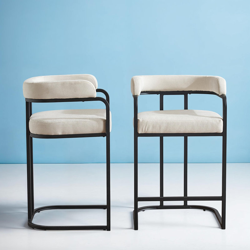 Chenille Bar Stools Set of 2 – Upholstered Seats, Metal Frame and Ergonomic Design for Kitchen Island or Home Bar, White