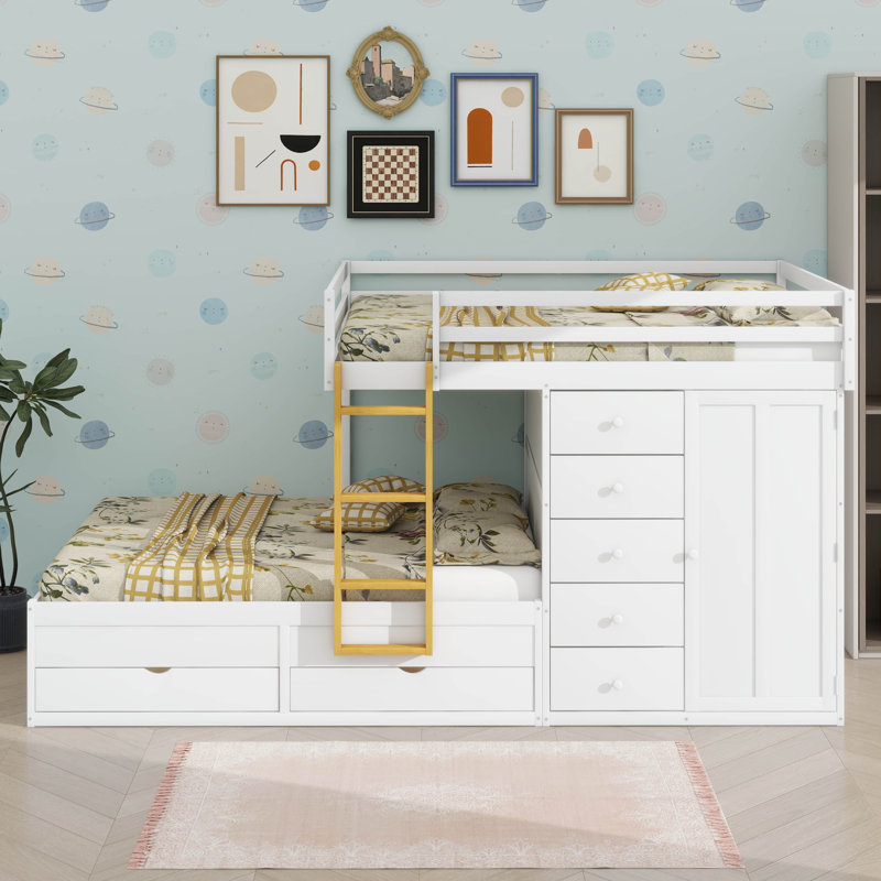 Lit superposé double avec 2 grands tiroirs et 5 petits tiroirs, structure en bois aggloméré de qualité et lit de rangement élégant avec petite armoire