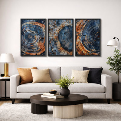 Tree Ring "Dark Navy Brown Wood Stump Artwork, Retro Rustic Farmhouse Cabin Pictures, 3 Pieces Canvas Giclee Digital Print Wall Art"  