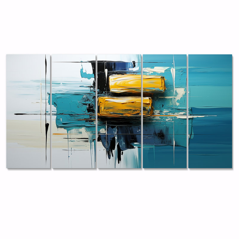«Ebullient pensé jaune moutarde sur bleu», ensemble d'art mural abstrait 5 pièces, H 32 po x l 80 po