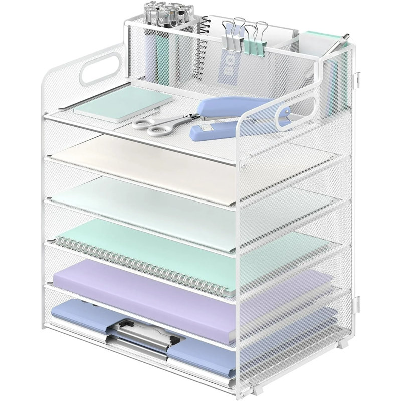 Classeur de bureau en métal à 6 niveaux avec poignée et porte-stylos, Blanc