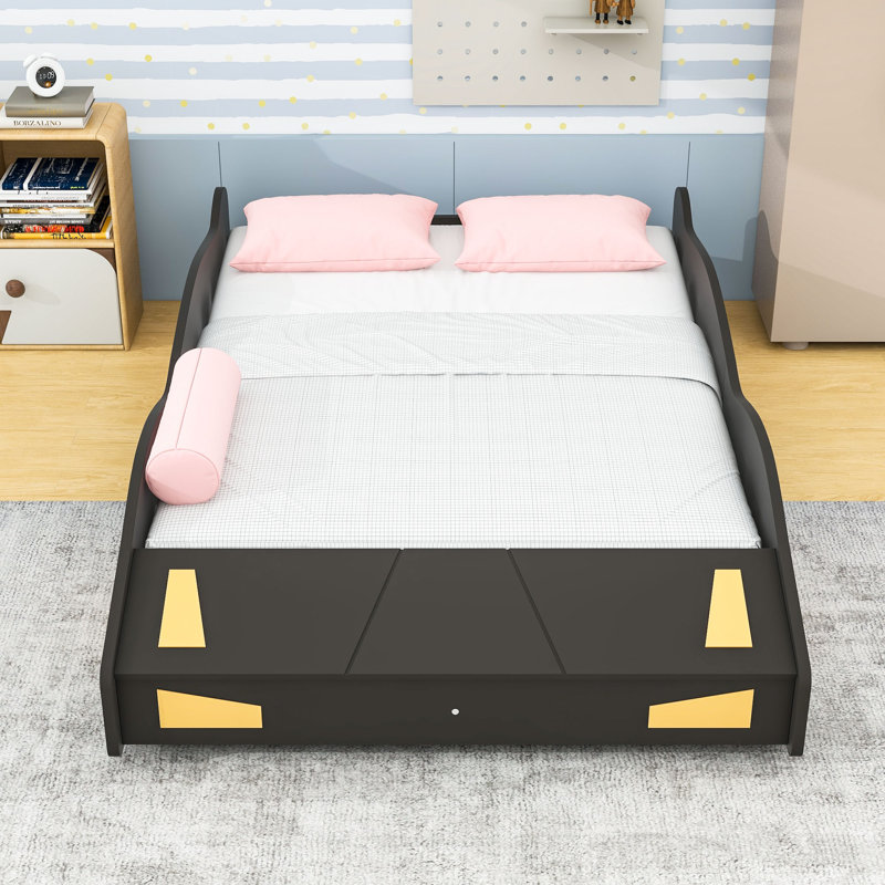 Lit plateforme double avec rangement, garde-corps et pieds centraux, conception en forme de voiture de course, Noir / jaune