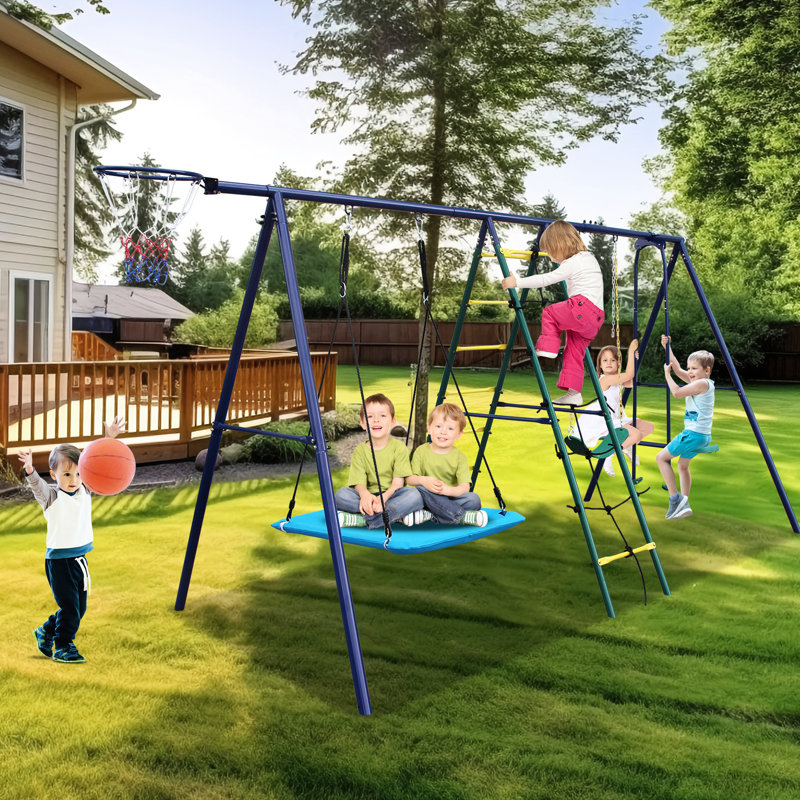 Balançoire multicolore en acier 6 en 1 avec grimpeur, filet, balancelle, balançoire, cerceau pour cour arrière - support stable, cordes réglables et cerceau d'aventure en plein air à installation simple, cadre sécuritaire