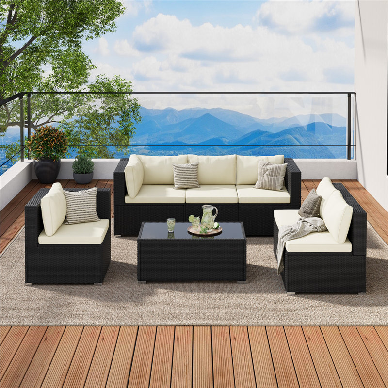  7-Piece Modular PE Rattan Patio Furniture ，6-Seat  Outdoor Sectional Sofa Set with Thick Cushions, Black/Beige