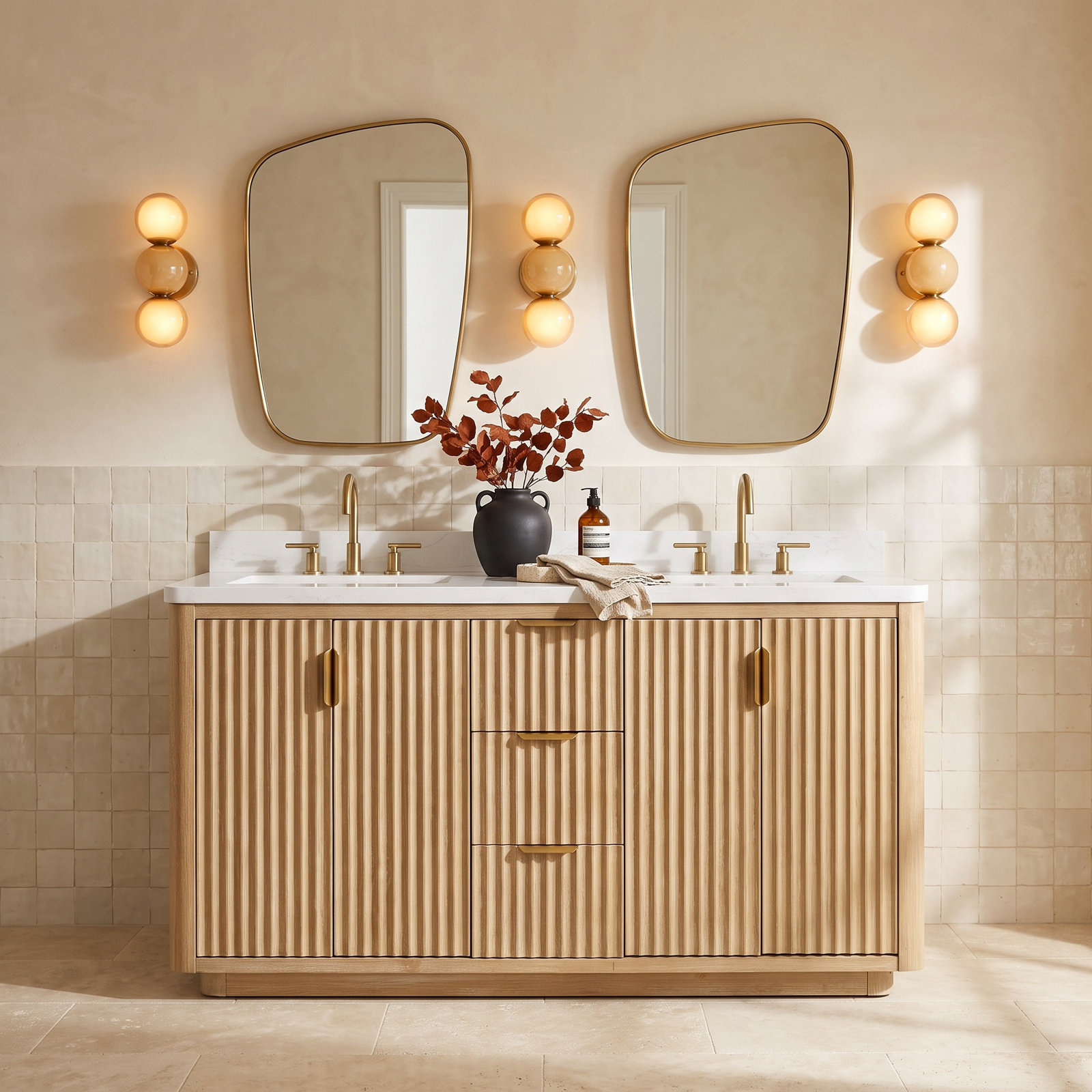 Adela 60'' Double Bathroom Vanity, White, Gold, Brown