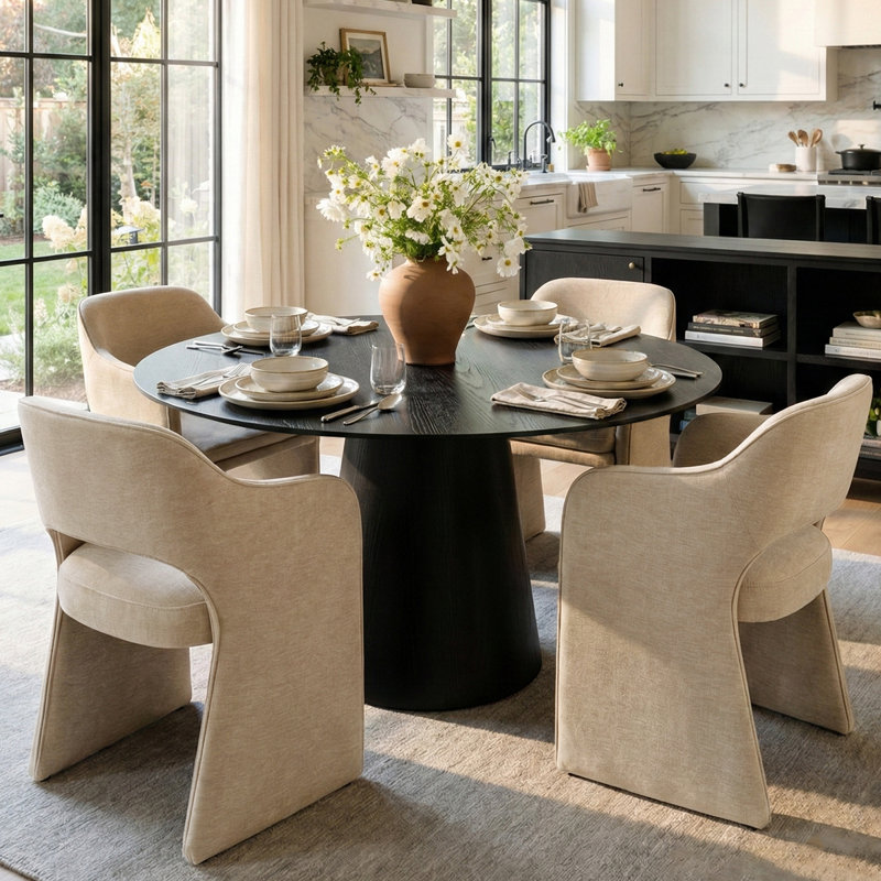 4 - Person Dining Table Sets With Round Table & 4 Upholstered Chenille Chairs, Brie, Black
