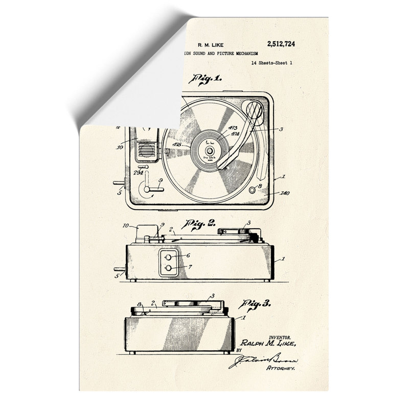 Record Player Patent - Unframed Graphic Art, 84cm H x 59cm W x 0.1cm D