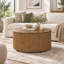 Table basse ronde cannelée en forme de tambour avec roulettes et 2 tiroirs de rangement dissimulés