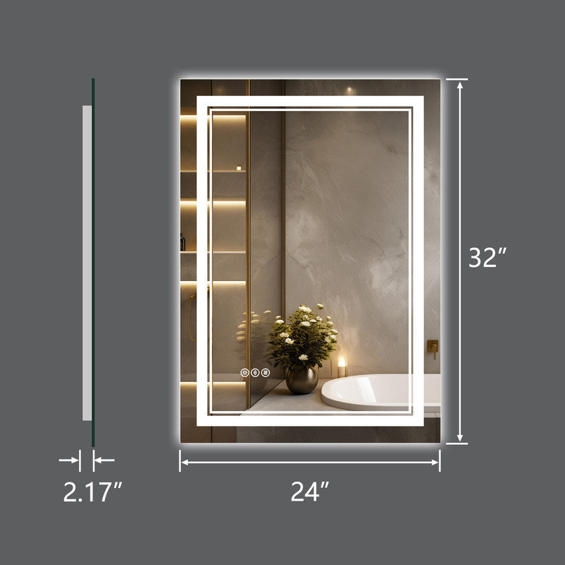 Harana Front and Back Lighting Dimmable Anti-Fog Bathroom/Vanity Mirror with Tempered Glass, 24" x 32"