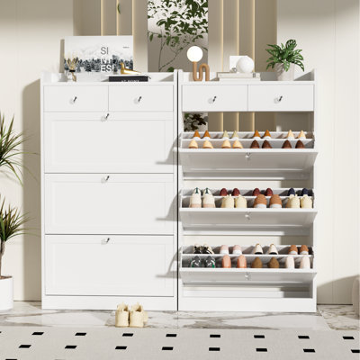 Armoire de rangement pour chaussures avec 3 tiroirs rabattables, étagère à chaussures étroite avec poignées en diamant pour entrée, couloir, salon, blanc (ensemble de 2)