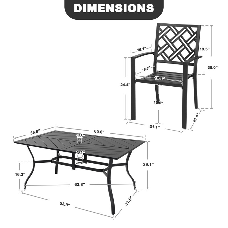 Ensemble de salle à manger rectangulaire en métal 7 pièces avec trou pour parasol, conception empilable