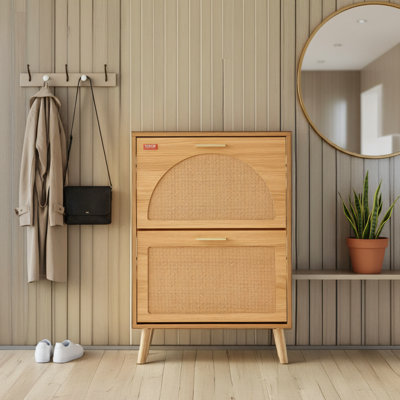 Freestanding Entryway Shoe Cabinet With Rattan Doors And Two Flip-Top Drawers. Suitable For Storing High Heels, Boots, And Slippers. Ideal For Hallways And Living Rooms. Practical And Space-Saving. Natural Color.