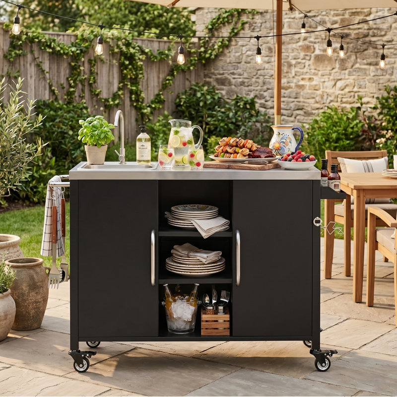 Îlot de cuisine 55 po avec évier et tuyau d'évacuation, chariot de barbecue extérieur avec 4 roues verrouillables