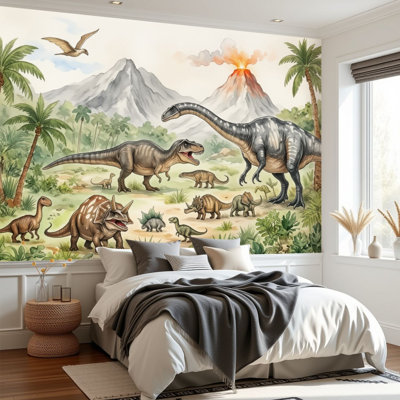 Animals Kids Peel and Stick Wallpaper Dinosaur Landscape Prehistoric Creatures Volcano Wall Murals 69"H x 96"W Removable PVC Wall Paper Self-Adhesive Wall Decor for Bedroom Living Room Nursery
