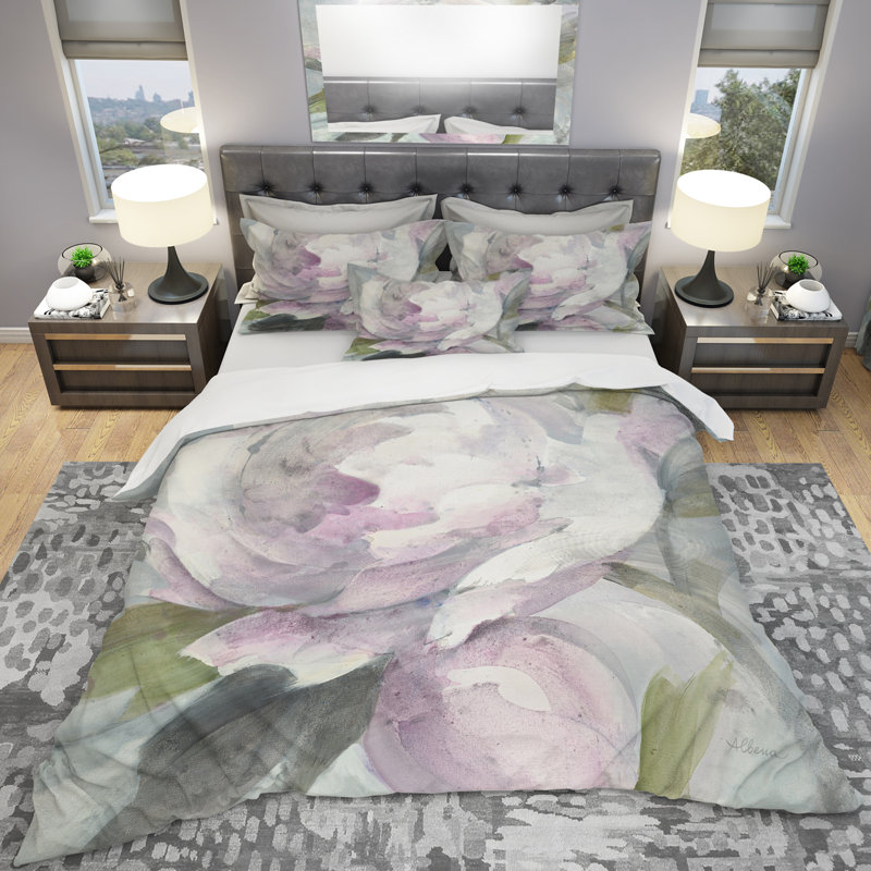 Twilight Peony - Floral Print Duvet Cover Set, King Duvet Cover + 2 Shams