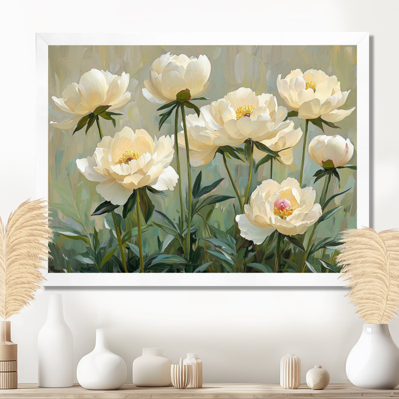 Pivoines d'été Ireene dans le jardin d'herbes I - pivoines, art mural, Reproduction encadrée d'une seule photo, Blanc