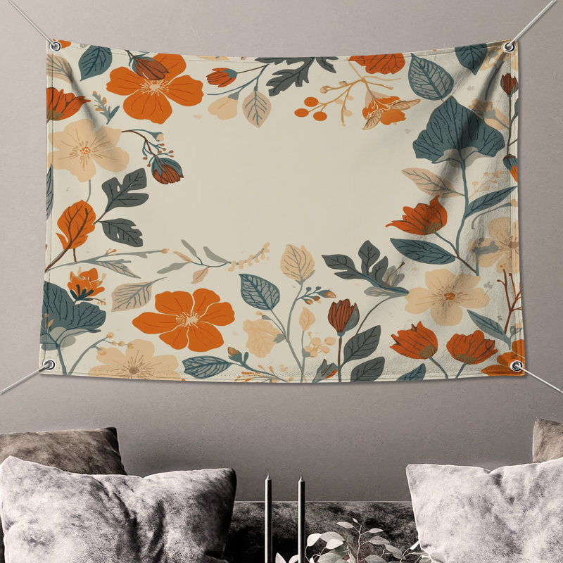 Tapisserie murale à bordure florale orange et beige - Décoration murale florale, 50in H x60in W with 4 Grommets