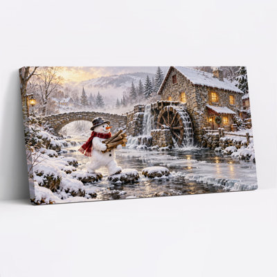 «Snowman Carrying Firewood» par Stone Watermill, art mural sur toile de Noël