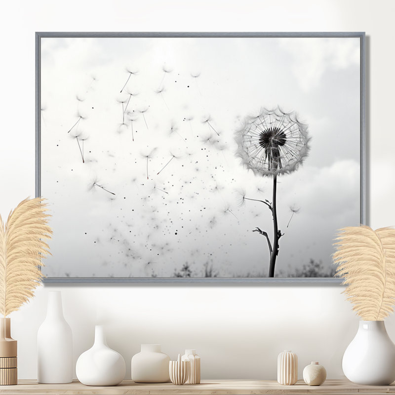 «Minimalims Dandelion Natures Fragility I», art mural sur toile pissenlit, H 24 po x l 32 po, Silver Floater Framed