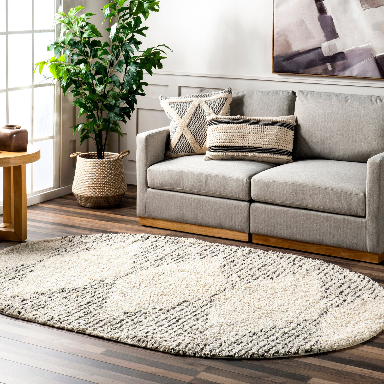 George Oliver Off White Charcoal Moroccan Shag Rug, Oval 3' x 5'