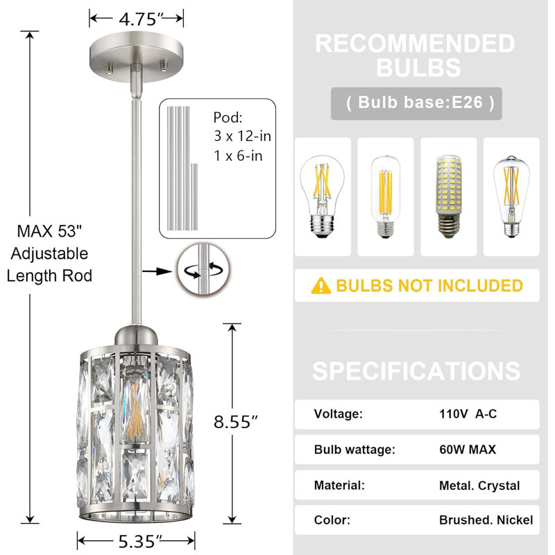 Ensemble de 3 luminaires suspendus modernes en cristal avec hauteur réglable, finition nickel brossé pour îlot de cuisine, salle à manger et salon