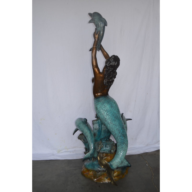 Mermaid and Three Dolphins Fountain Bronze Statue - Size 34" L x 41" W x 83 "H