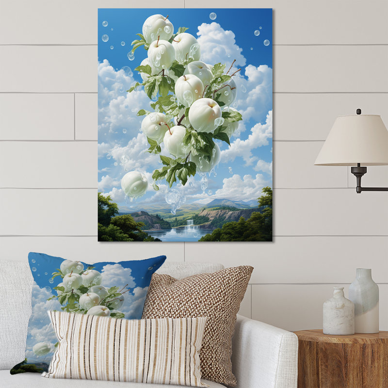 Pomme, Ascension, nuage, blanc, surréel I - fruits, art mural en métal, H 20 po x l 12 po x P 1 po