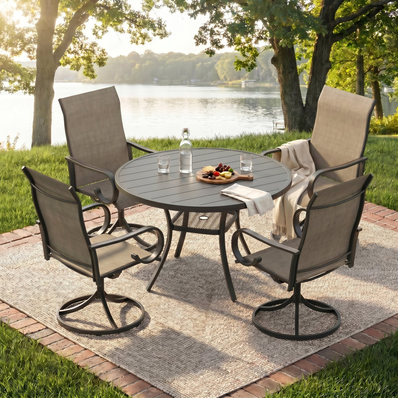 4-Person Outdoor Patio Dining Set With Swivel Chairs, Black, Brown