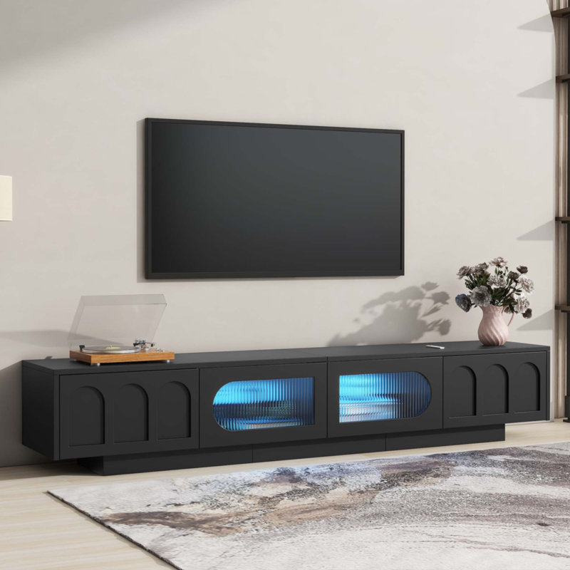 TV Stand With Fluted Tempered Glass Doors For Tvs Up To 95'', Black