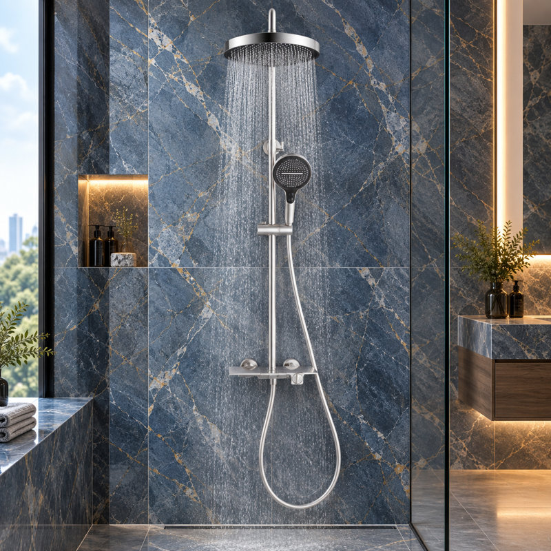 Système de douche à 3 fonctions avec pomme de douche à pluie, douchette et bec de baignoire avec inverseur à bouton-poussoir